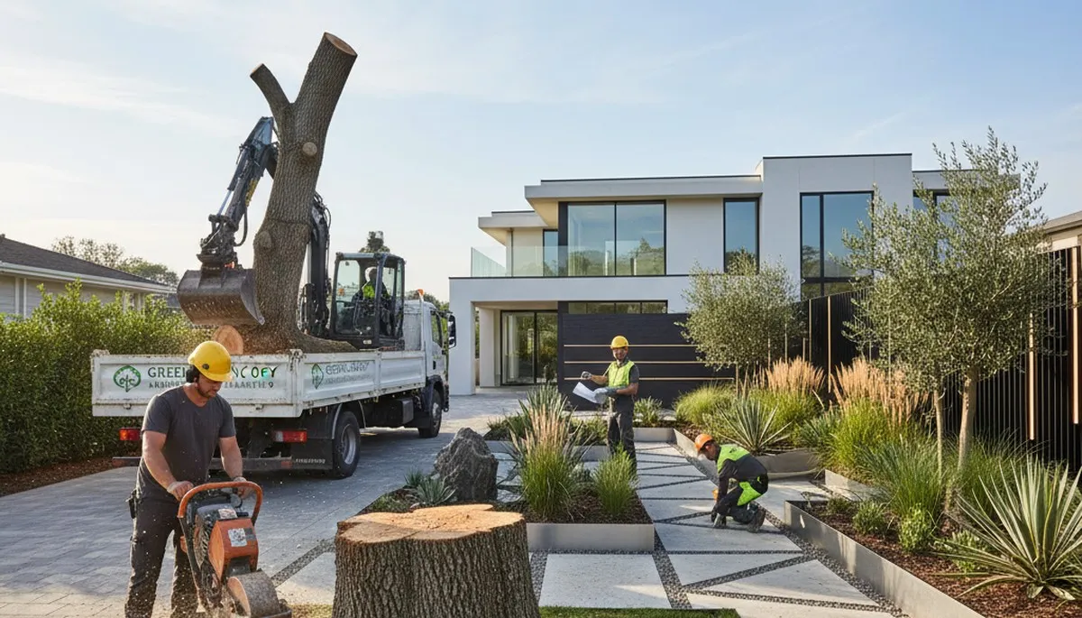 Landscape design and tree removal experts working on desert yard in Las Vegas, NV